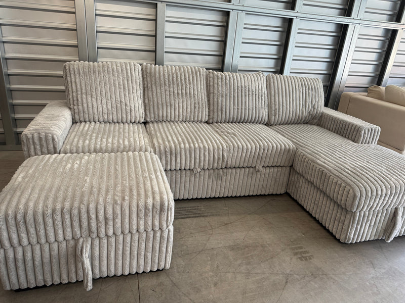 Brand New Jumbo-Cord Style Sleeper Sofa With Storage Chaise & Detached Storage Ottoman