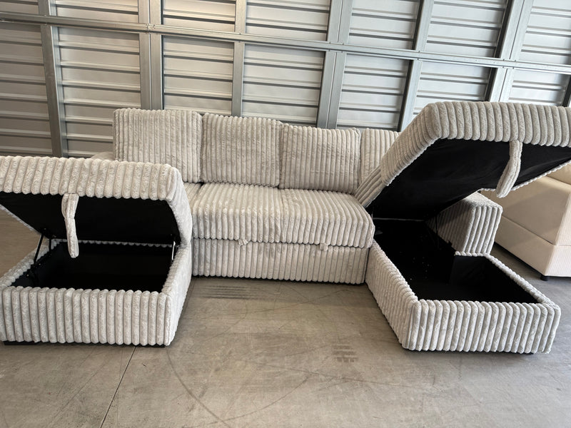 Brand New Jumbo-Cord Style Sleeper Sofa With Storage Chaise & Detached Storage Ottoman