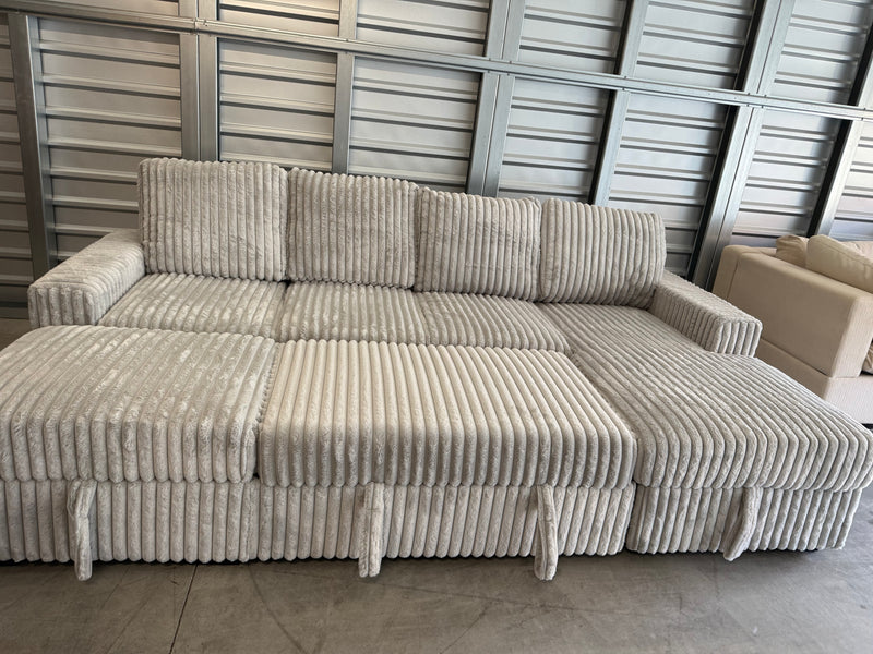 Brand New Jumbo-Cord Style Sleeper Sofa With Storage Chaise & Detached Storage Ottoman