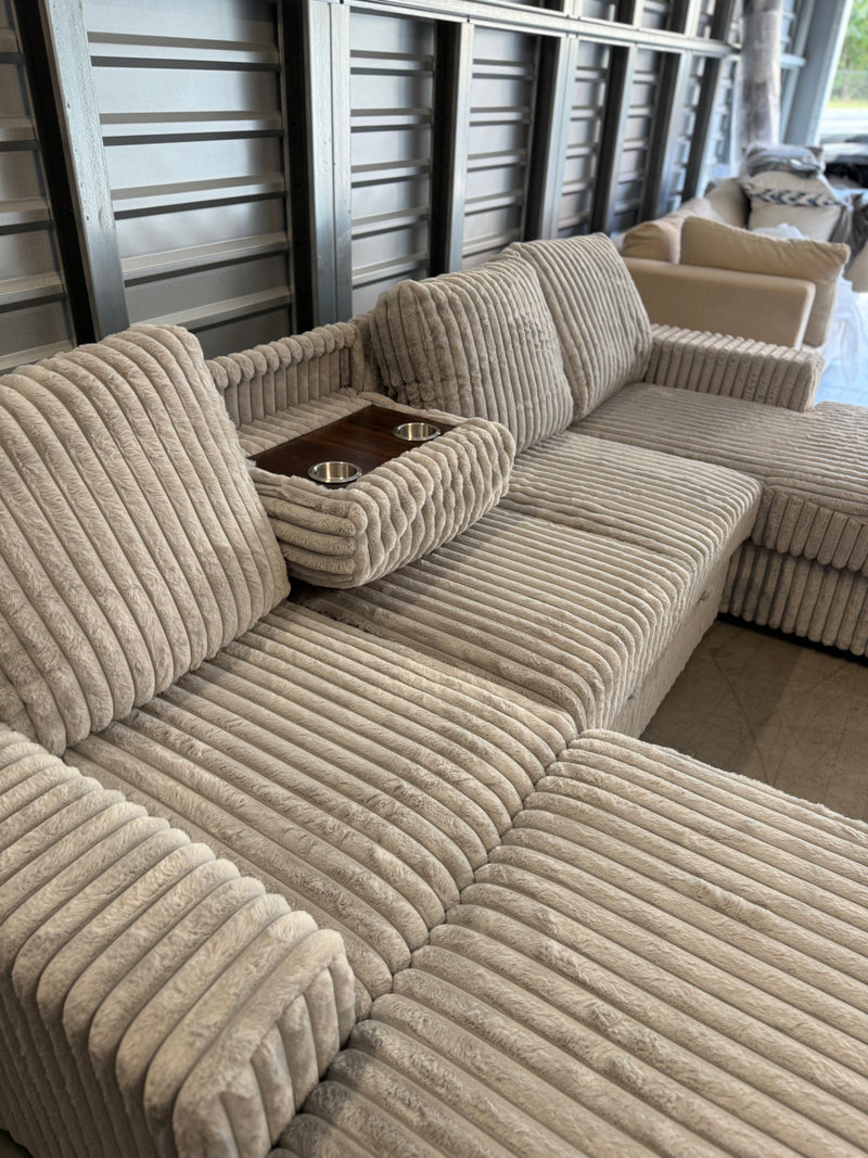 Brand New Jumbo-Cord Style Sleeper Sofa With Storage Chaise & Detached Storage Ottoman