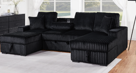Brand New Jumbo-Cord Style Sleeper Sofa With Storage Chaise & Detached Storage Ottoman