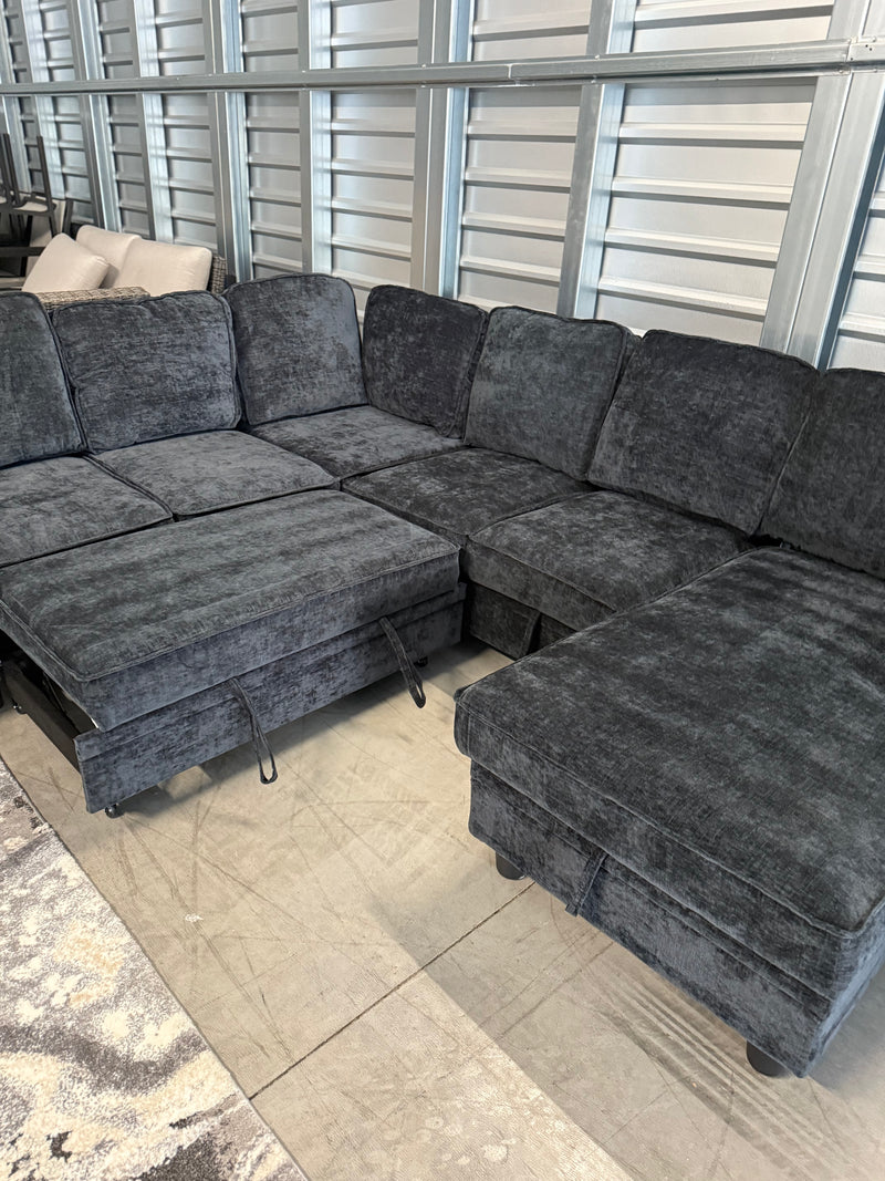 Sleeper Sectional With Storage Chaise, USB Charging, & Stainless Steel Cupholders