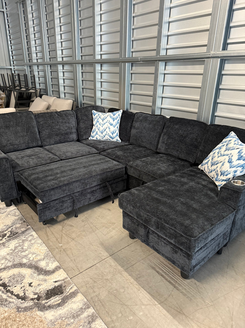 Sleeper Sectional With Storage Chaise, USB Charging, & Stainless Steel Cupholders