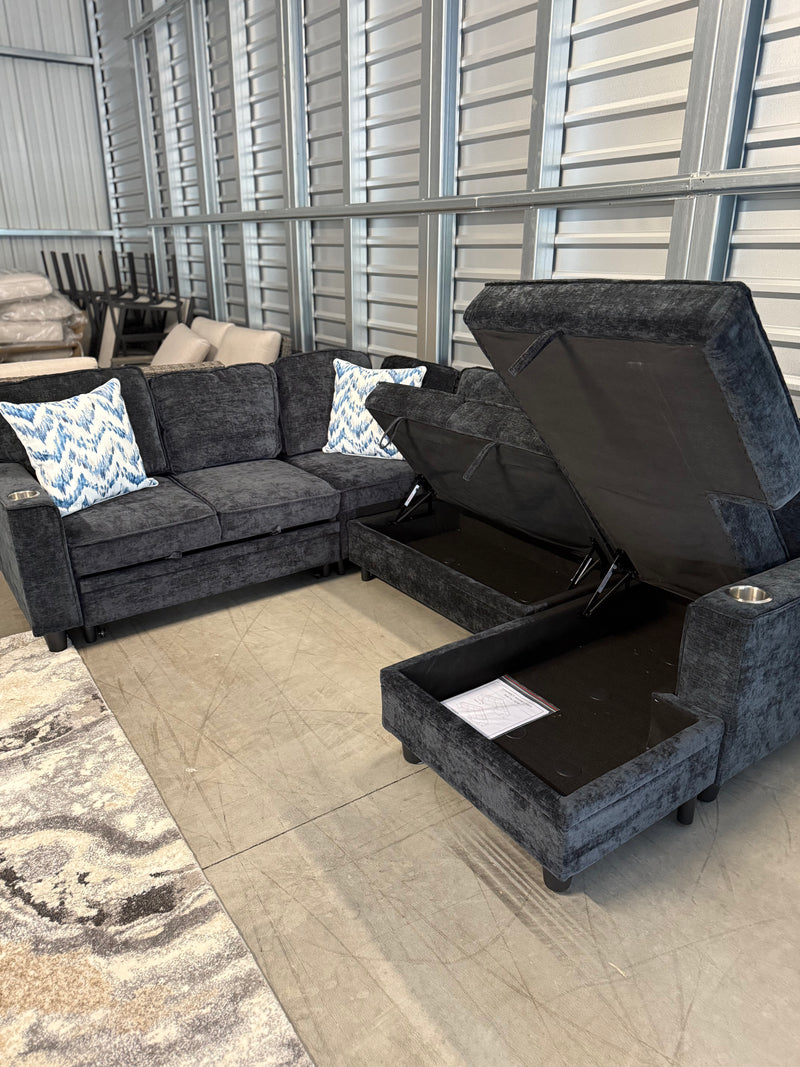 Sleeper Sectional With Storage Chaise, USB Charging, & Stainless Steel Cupholders