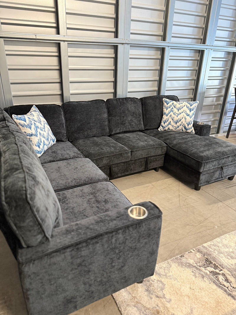 Sleeper Sectional With Storage Chaise, USB Charging, & Stainless Steel Cupholders