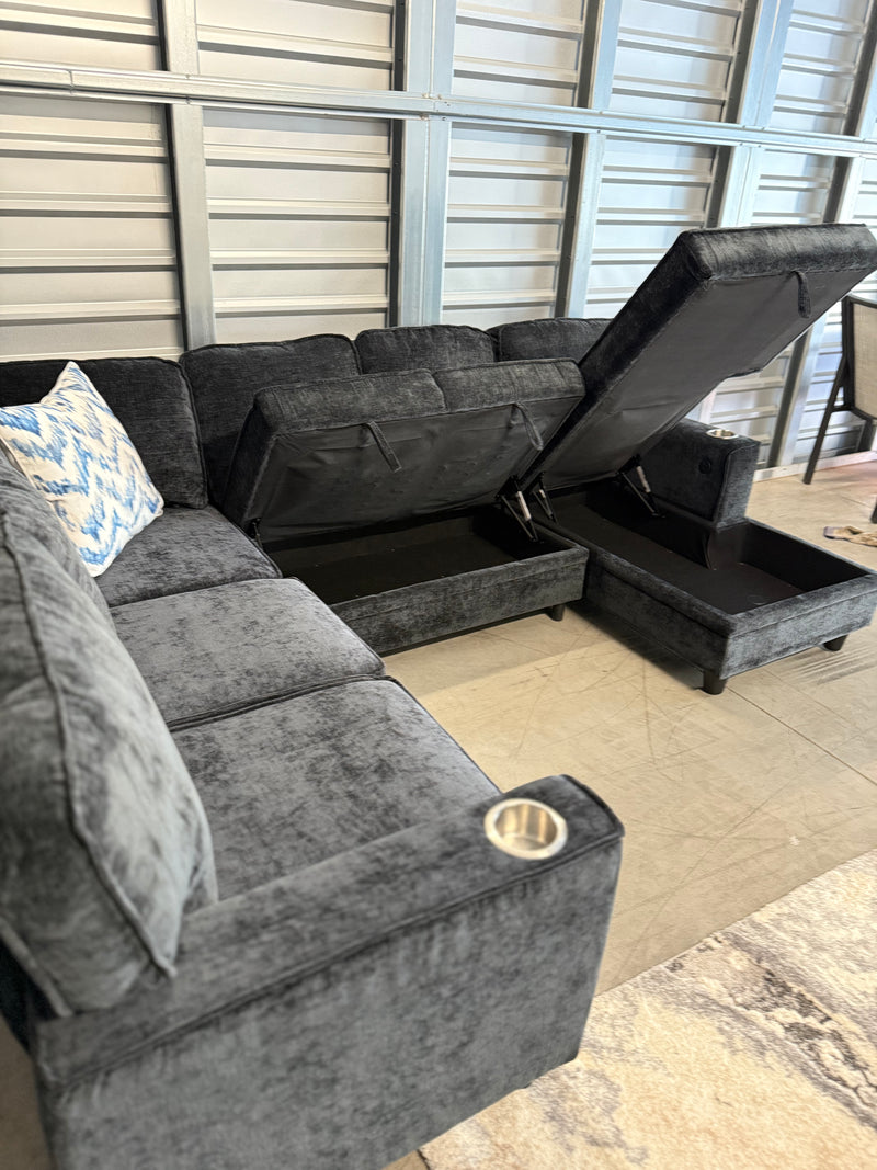 Sleeper Sectional With Storage Chaise, USB Charging, & Stainless Steel Cupholders